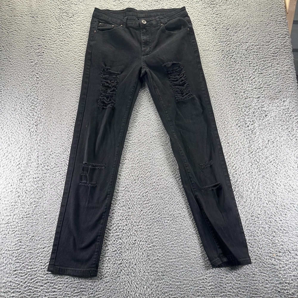 Wulful Jeans Women 32x31 Black Cotton Denim Straight Distressed Workwear Stretch